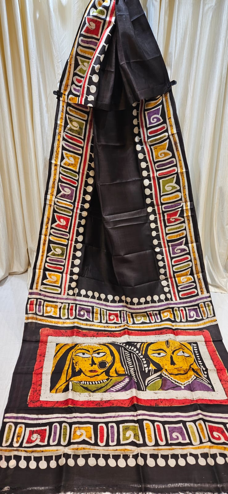 Hand-painted Bishnupuri silk saree pallu with folk art design on black handloom silk