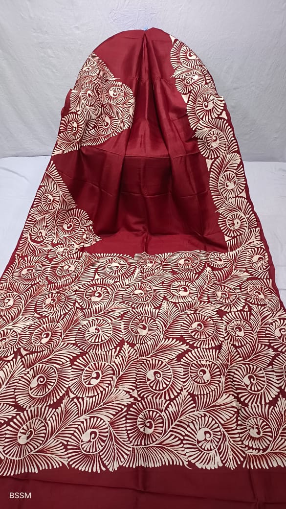 Maroon Katan silk saree with white traditional handcrafted motif border, premium Indian silk saree for festive and wedding wear