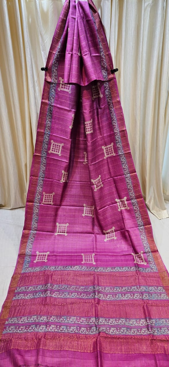Pink Pure Tussar Silk Saree with Traditional Woven Motifs and Designer Border