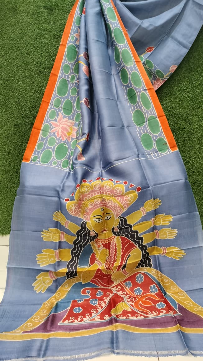 Pure Bishnupuri Katan Silk Saree with hand-painted Durga motif on grey base – traditional Bengal silk saree