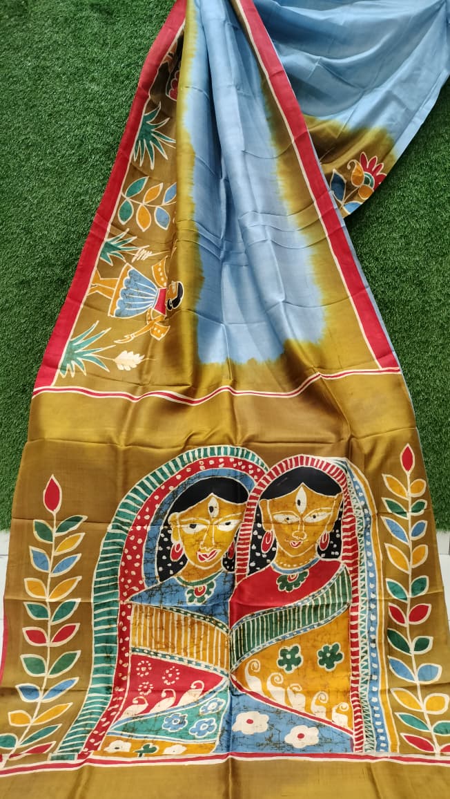 Pure Bishnupuri Katan silk saree with hand-painted couple motif on golden base