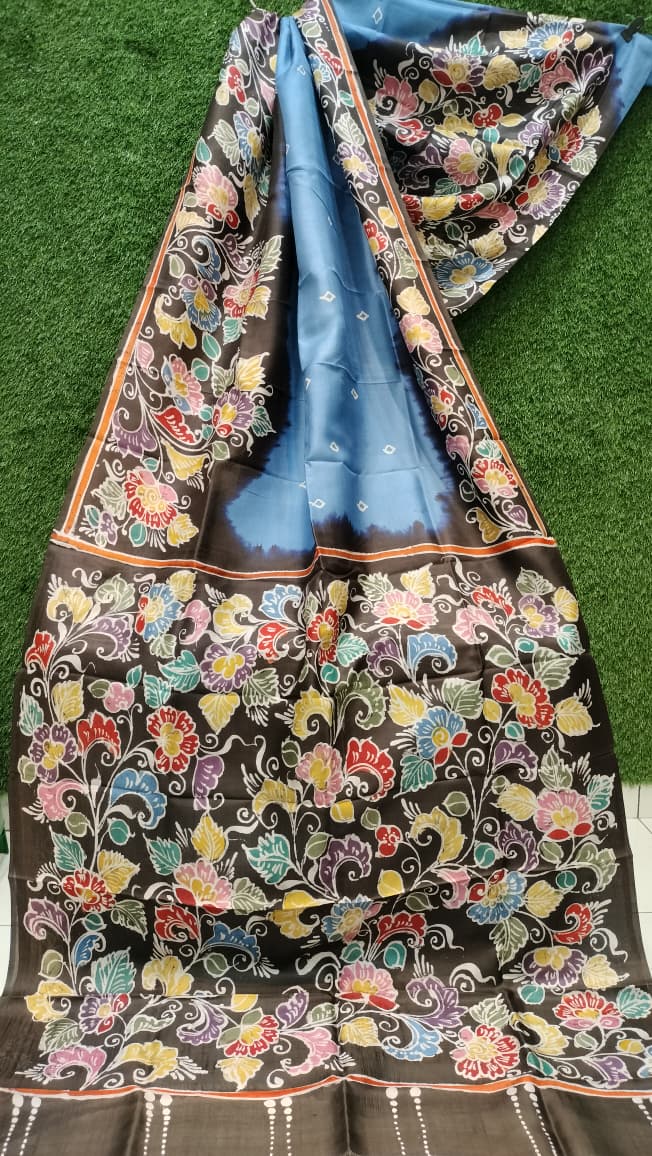 Pure Bishnupuri Katan silk saree with hand-painted multicolor floral design on dark base