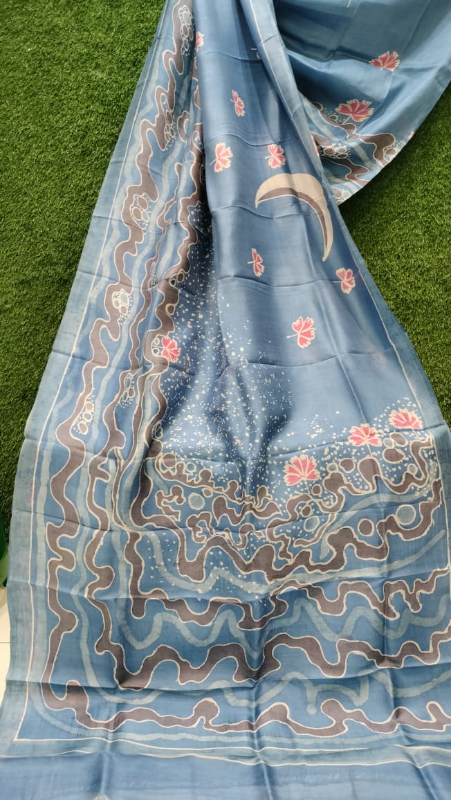 Pure Bishnupuri Katan silk saree with hand-painted abstract wave design on blue base