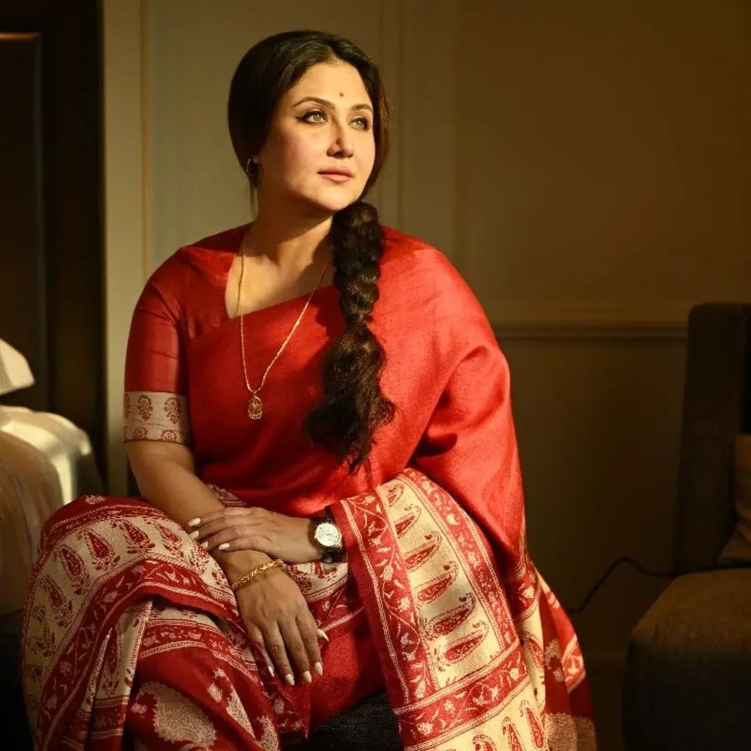 Pure Tussar silk saree in red with traditional beige woven design and rich border