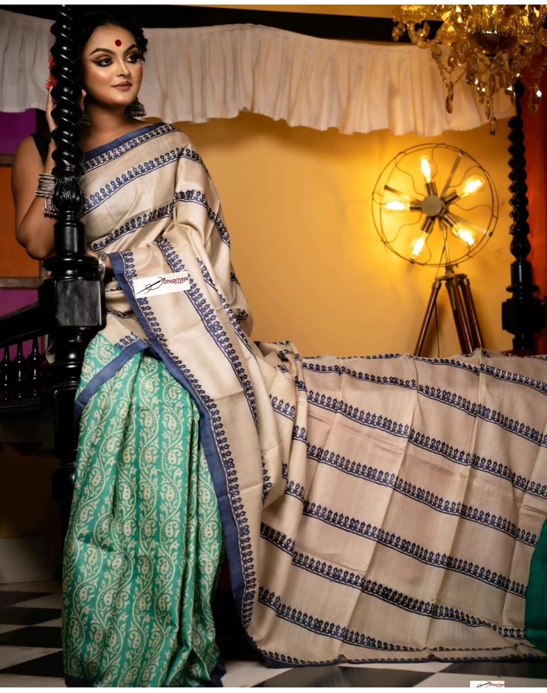 Pure Tussar silk saree in beige with green paisley design and minimal woven border