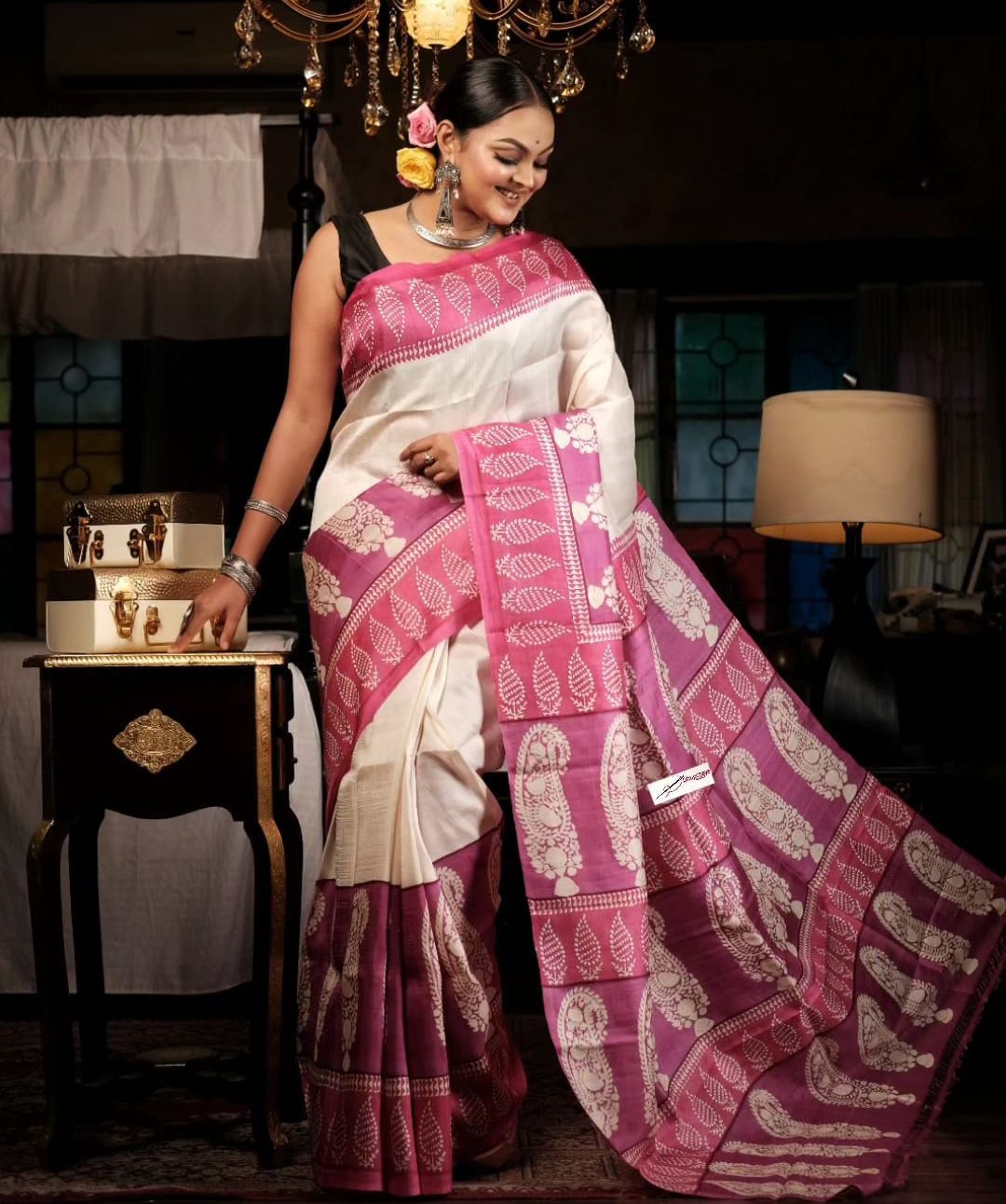 Pure Tussar silk saree in beige with pink border and traditional woven motifs