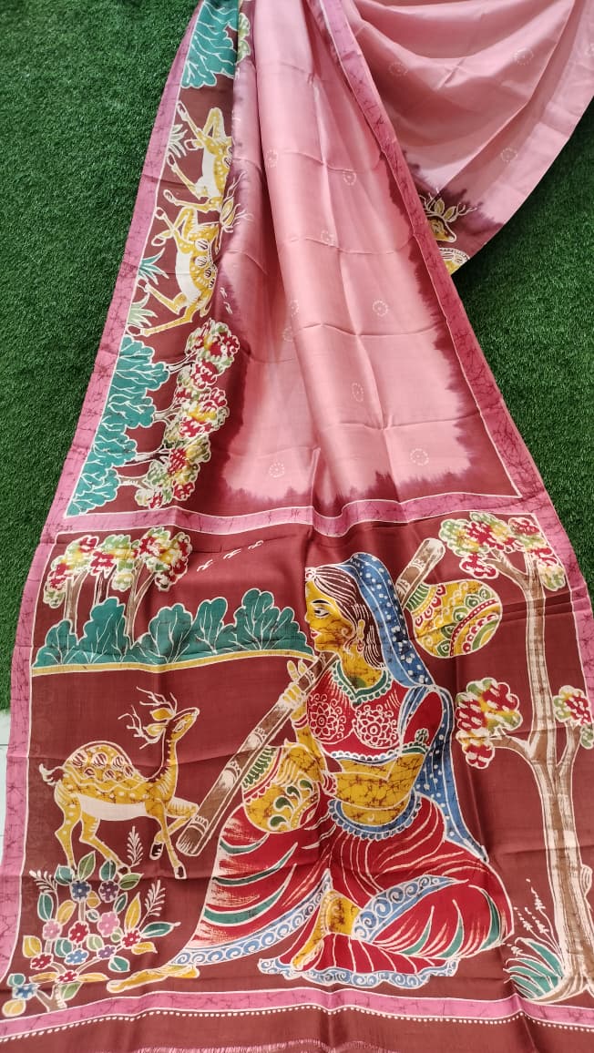 Bishnupuri silk saree with traditional Baluchari design in pink color featuring handloom artwork and cultural motif