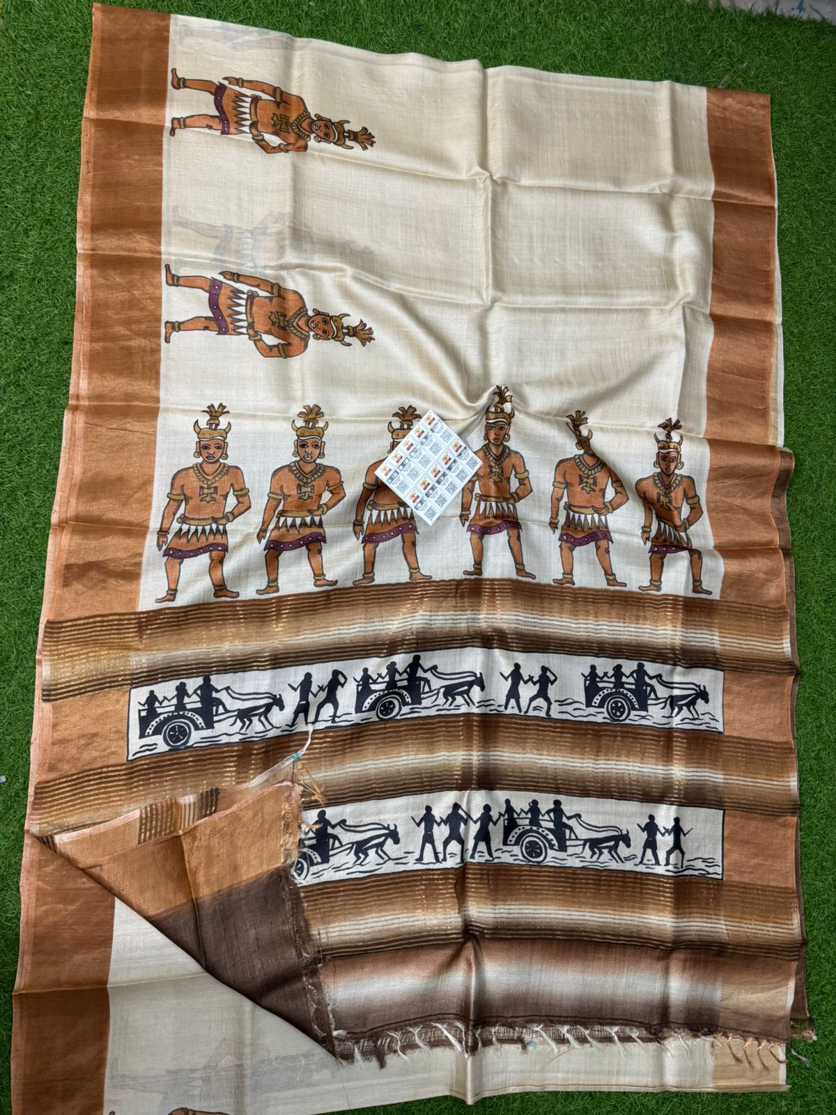 Beige handpainted Tussar silk saree with tribal Warli art dancers and brown border