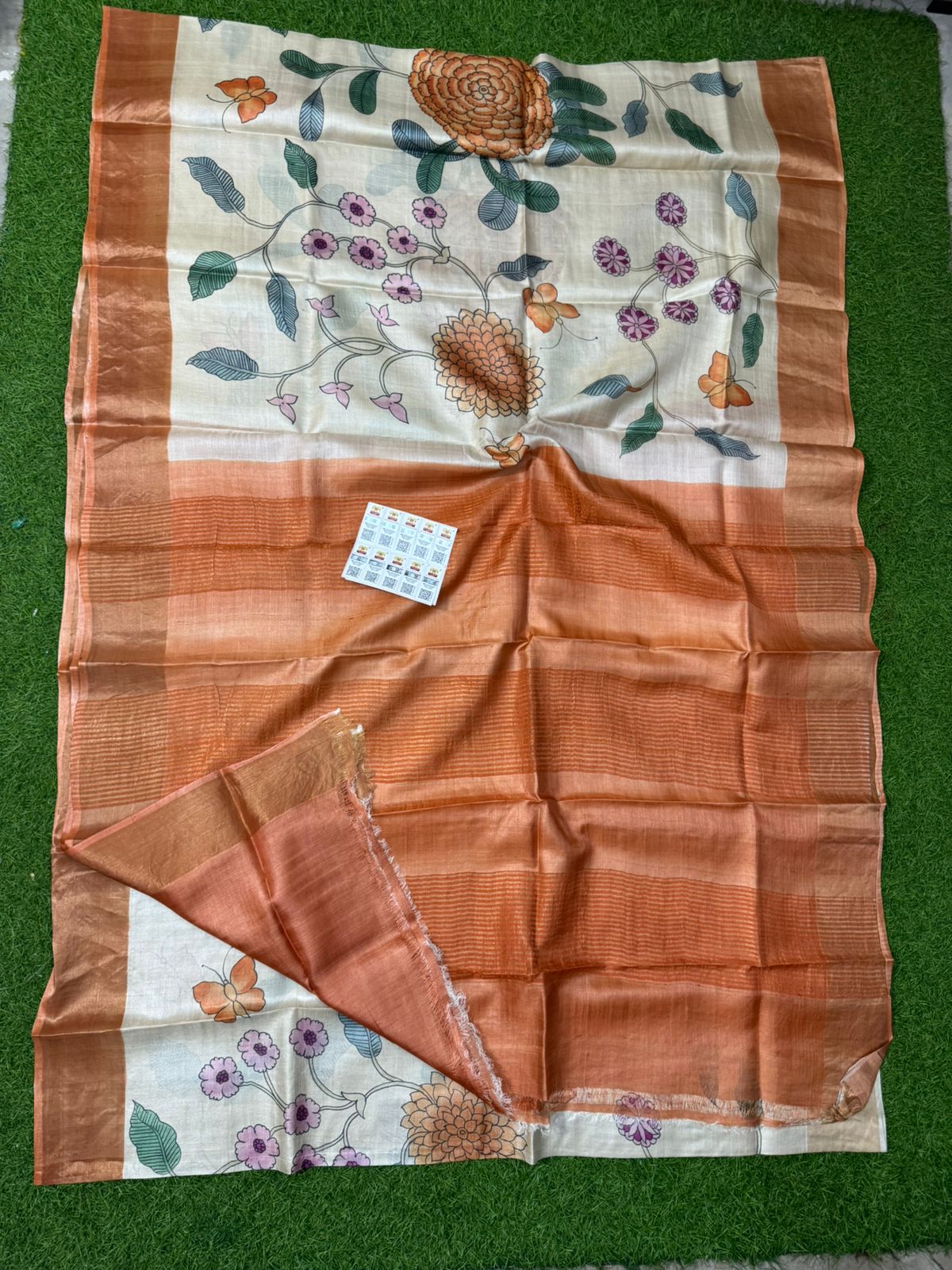 Beige handpainted Tussar silk saree with floral vine design and orange border
