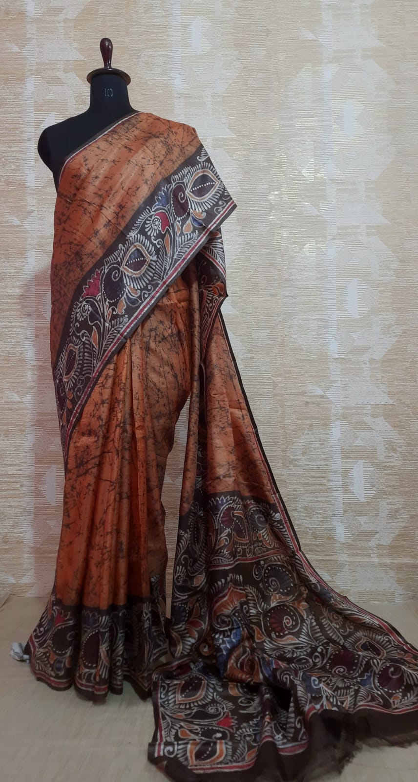 Burnt Orange Gachi Tussar Silk Saree with Batik Print and Heavy Designer Pallu