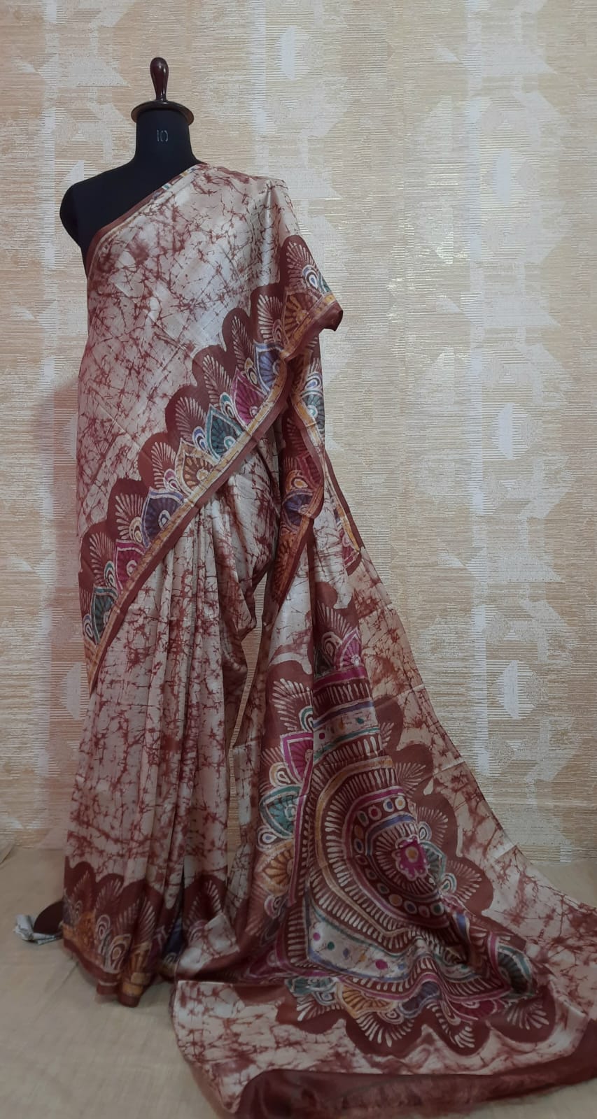 Beige and Maroon Gachi Tussar Silk Saree with Batik Print and Mandala Designer Pallu