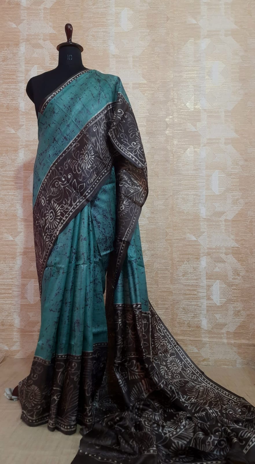 Teal Green Gachi Tussar Silk Saree with Batik Print and Black Designer Border