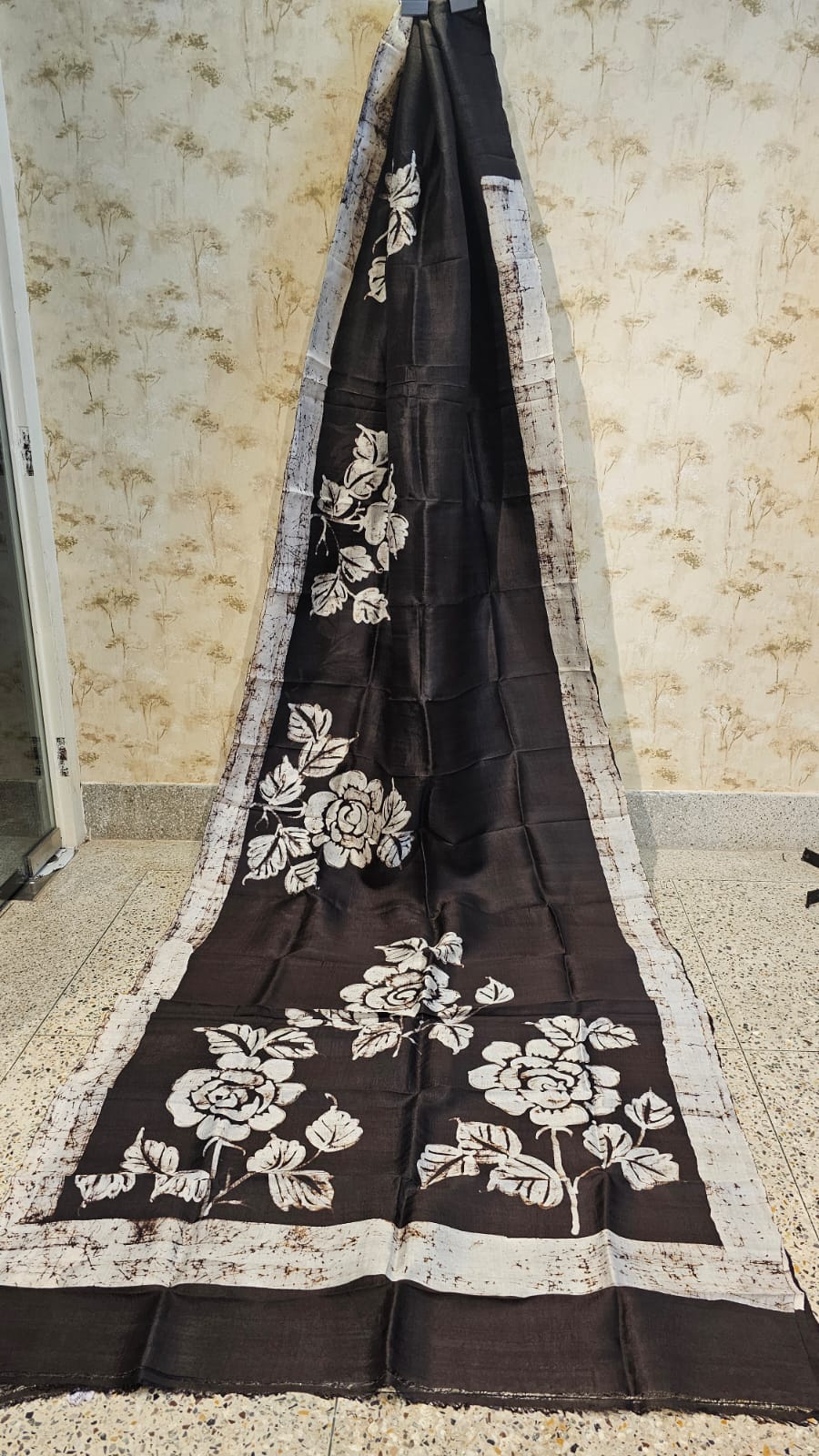 Black Bishnupuri Silk Saree with White Floral Motif and Contrast Border
