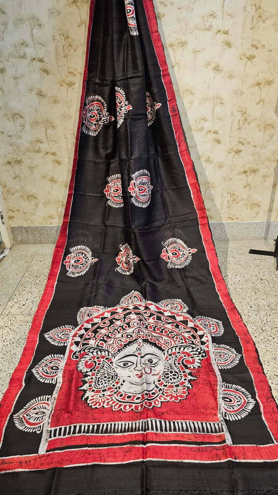 Black Bishnupuri Silk Saree with Durga Face Motif and Red Border Batik Design