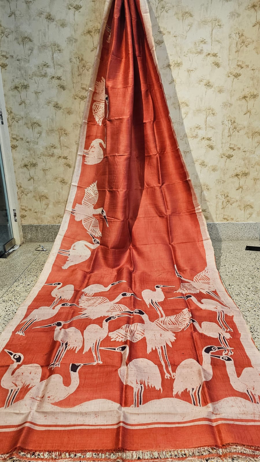 Rust Orange Bishnupuri Silk Saree with Crane Bird Motif and Elegant Border