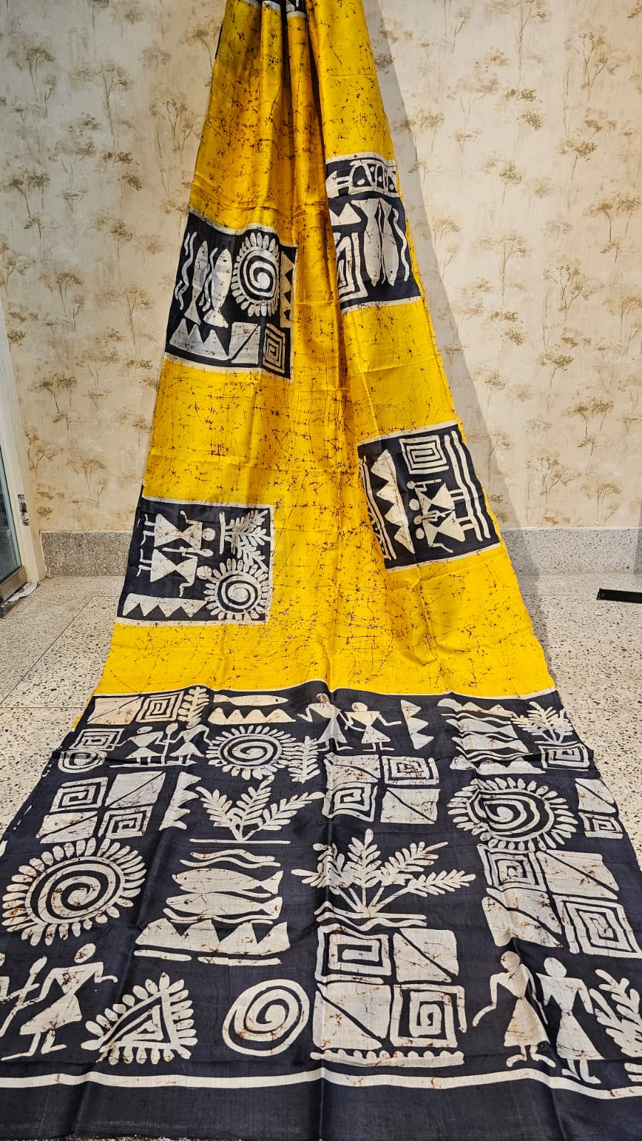 Mustard Yellow Bishnupuri Silk Saree with Tribal Warli Art Print and Black Contrast Pallu