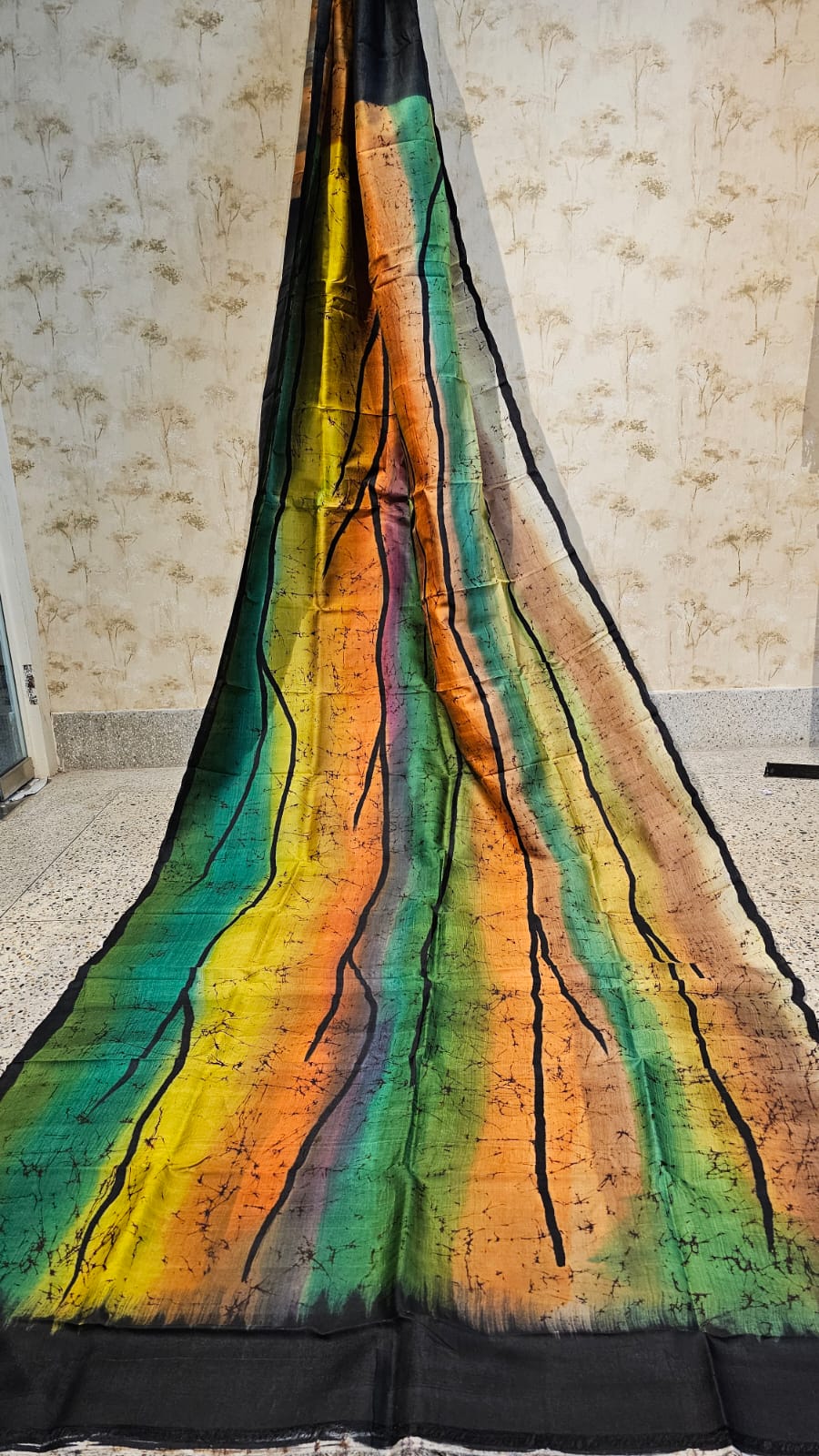 Multicolor Bishnupuri Silk Saree with Abstract Batik Design and Black Border